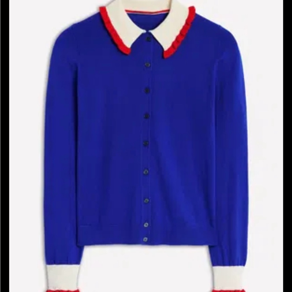 Boden Blue Cardigan with White and Red Trim